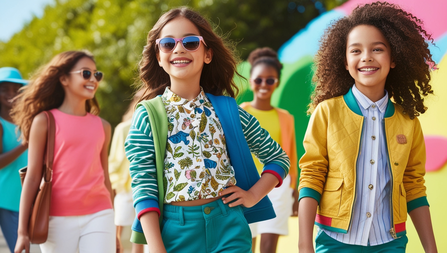 A girl wearing a trendy sustainable outfit made from eco-friendly materials, showcasing the concept of sustainable fashion for girls in a vibrant outdoor setting.