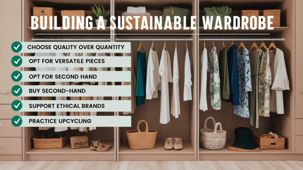 A stylish wardrobe showcasing tips for sustainable fashion, including quality pieces, versatility, second-hand options, and ethical brands.