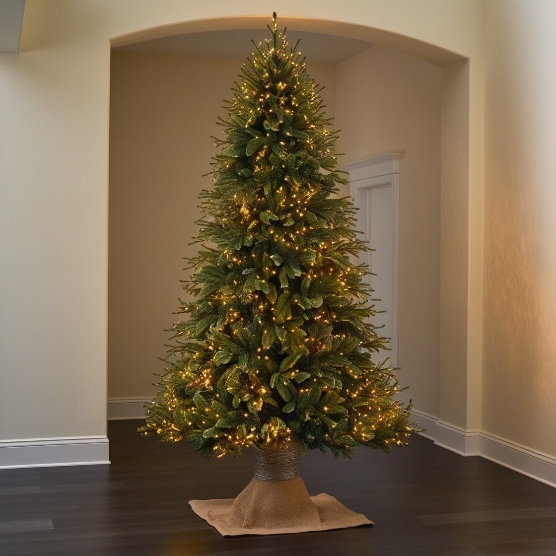 Artificial Montclair Spruce Christmas tree for entrances, pre-strung with white lights and a sturdy stand, 5 ft tall.