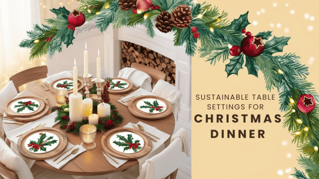 Eco-friendly Christmas table setup with wooden chargers, cloth napkins, fresh herb centerpieces, and beeswax candles.