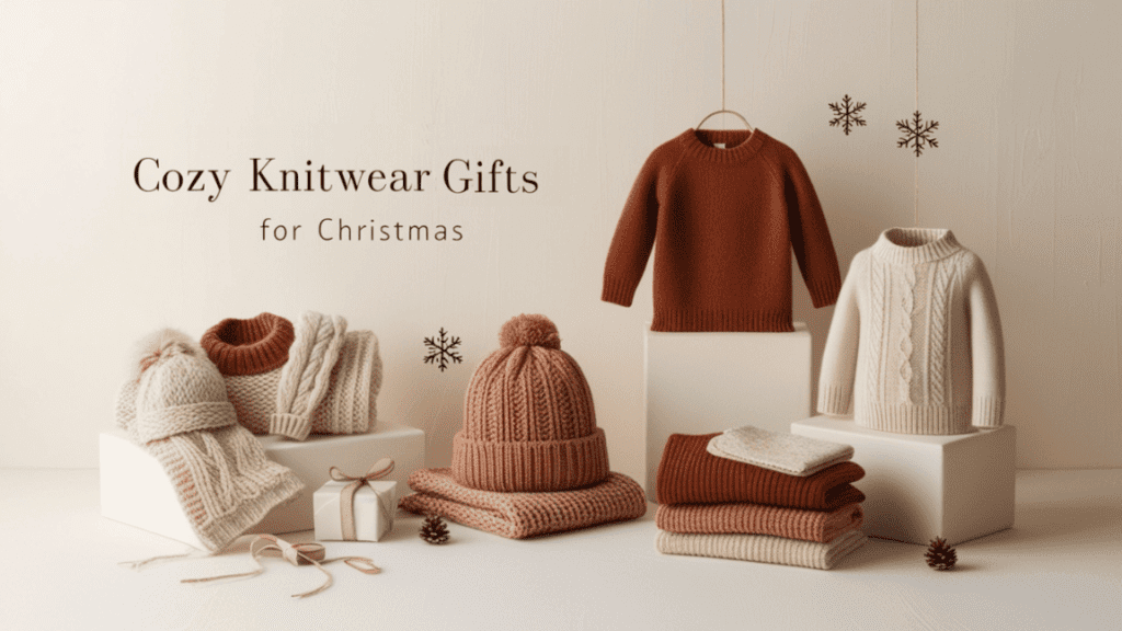 Cozy knitwear gifts for girls: Trendy Christmas gifts including cashmere scarves, oversized sweaters, and knitted beanies.