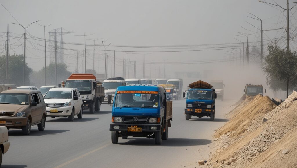 Heavy traffic on an urban road in Punjab, with smoggy skies caused by vehicle emissions, industrial pollution, and construction dust.