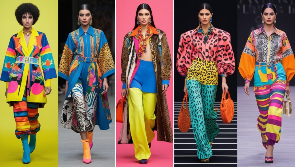 2025 maximalist fashion trend with bright colors, bold patterns, and retro-inspired designs