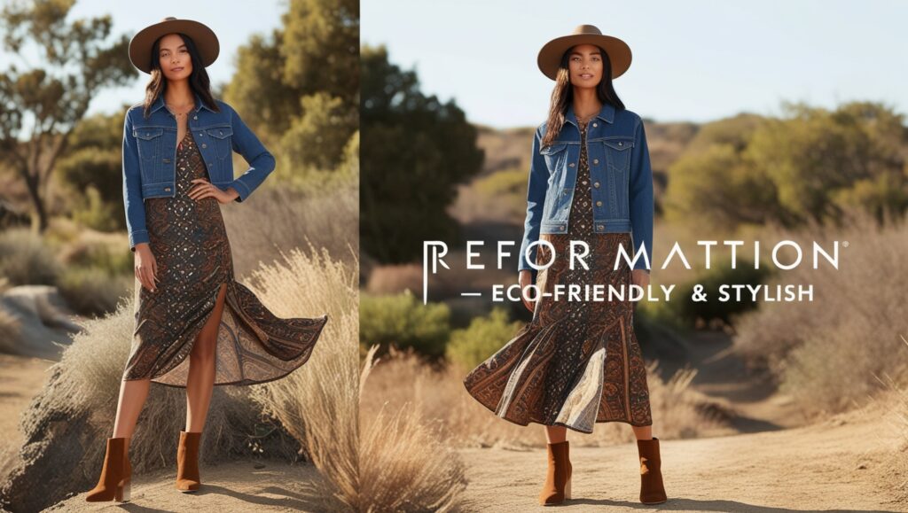 Model wearing a Reformation midi dress paired with a denim jacket and ankle boots, accessorized with a wide-brimmed hat, showcasing eco-friendly fashion.