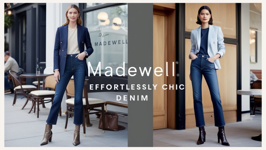 Model wearing Madewell's high-quality jeans with a polished blazer and heeled boots, showcasing an effortlessly chic look.