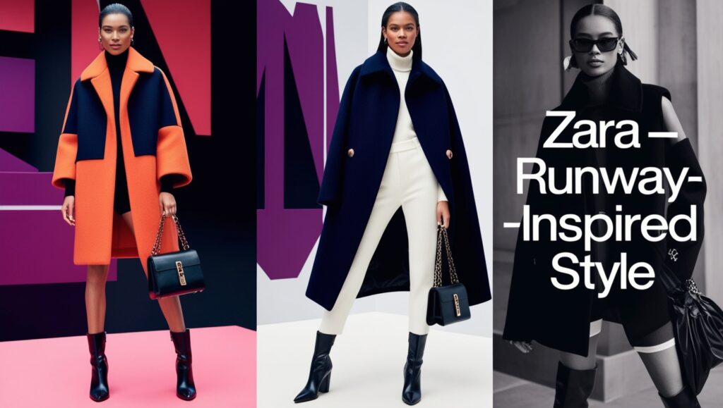 Model wearing a bold statement coat from Zara, styled over a monochromatic outfit, showcasing runway-inspired fashion.