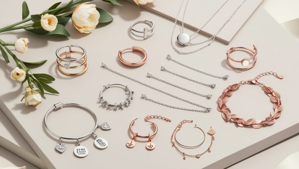 Affordable everyday jewelry for girls, featuring trendy minimalist rings, layered necklaces, hoop earrings, charm bracelets, stud earrings, and anklets in gold and silver tones.