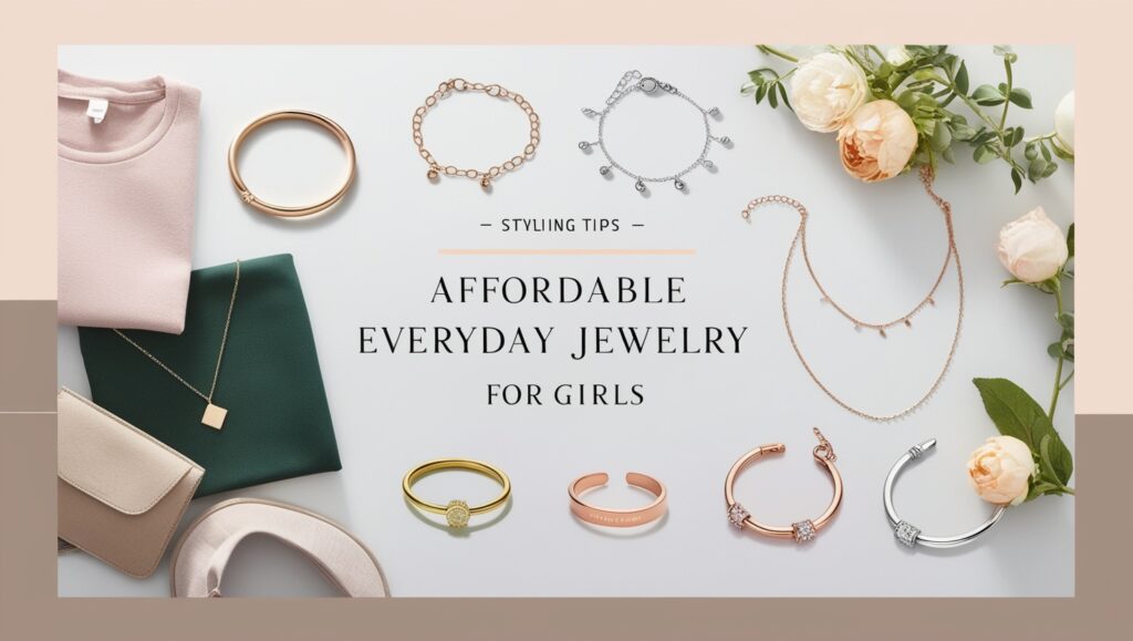 Styling tips for affordable everyday jewelry for girls, featuring minimalist necklaces, rings, and bracelets in mixed metals with casual and formal outfit ideas.