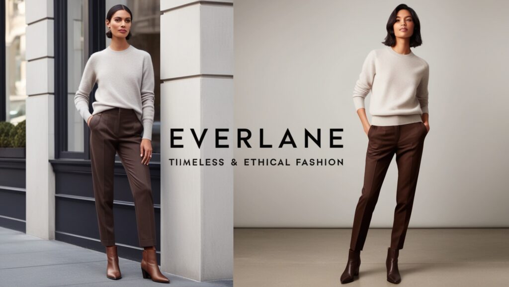 Model wearing an Everlane cashmere sweater with tailored trousers and ankle boots, embodying timeless and ethical fashion.