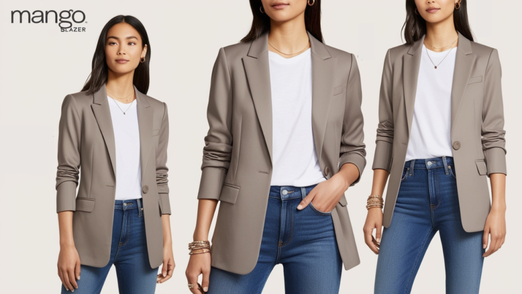 Affordable luxury outfit featuring a tailored Mango blazer with white tee, jeans, and statement jewelry