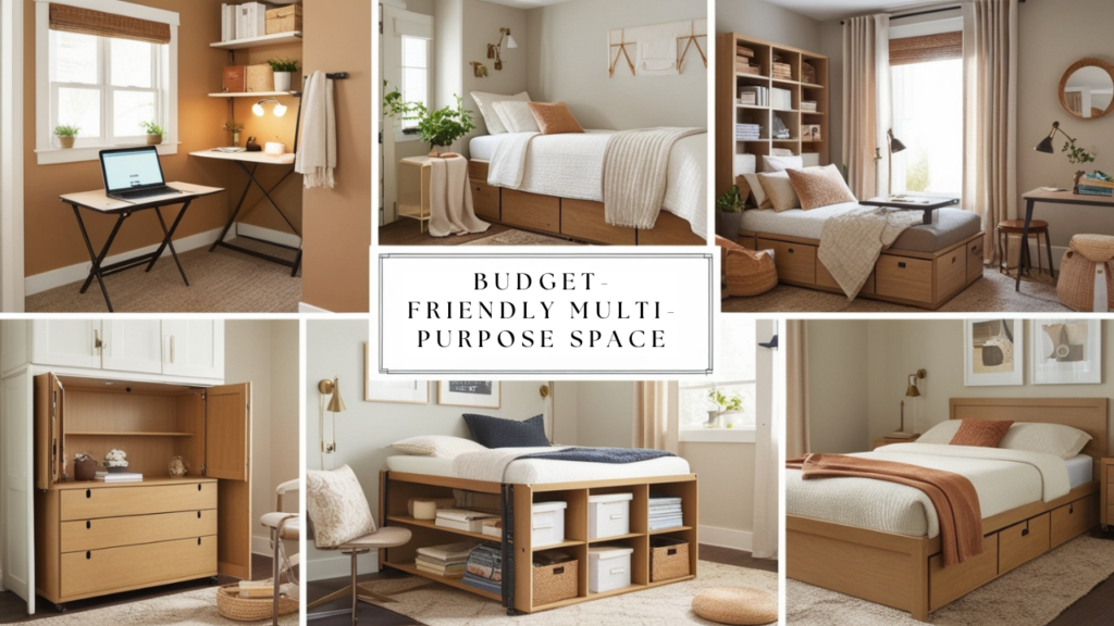 Small, budget-friendly home decor ideas for multi-purpose room with a foldable desk and storage bed, illustrating space-saving solutions for an organized lifestyle.