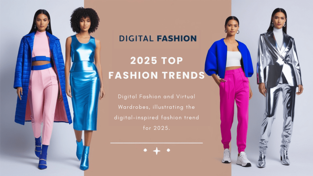 Models showcasing bold, imaginative outfits representing digital-inspired fashion, a key part of 2025 top fashion trends.