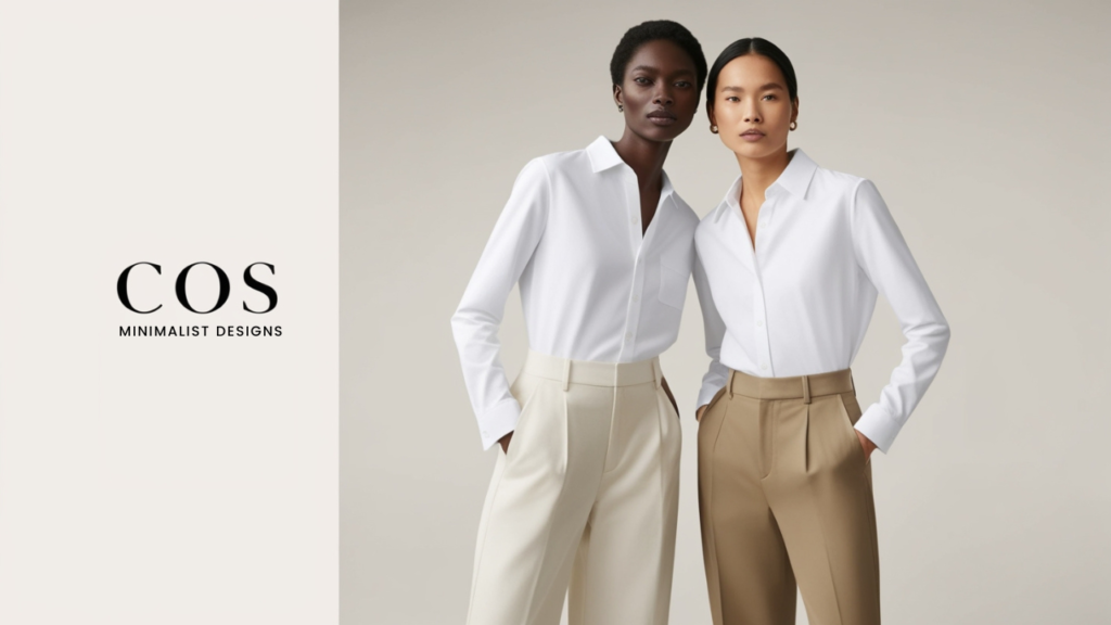 Minimalist COS outfit with classic white shirt, and high-waisted trousers.