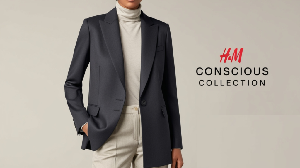 Sustainable layered outfit from H&M Conscious Collection with turtleneck, blazer, and tailored trousers