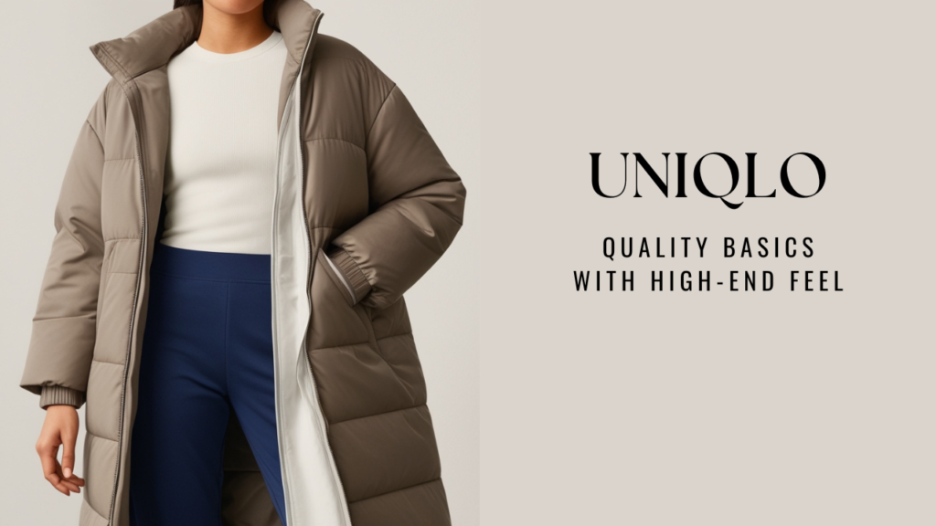 Stylish layered outfit featuring Uniqlo's Heattech top, puffer jacket, and trench coat, embodying quality basics with a high-end feel.