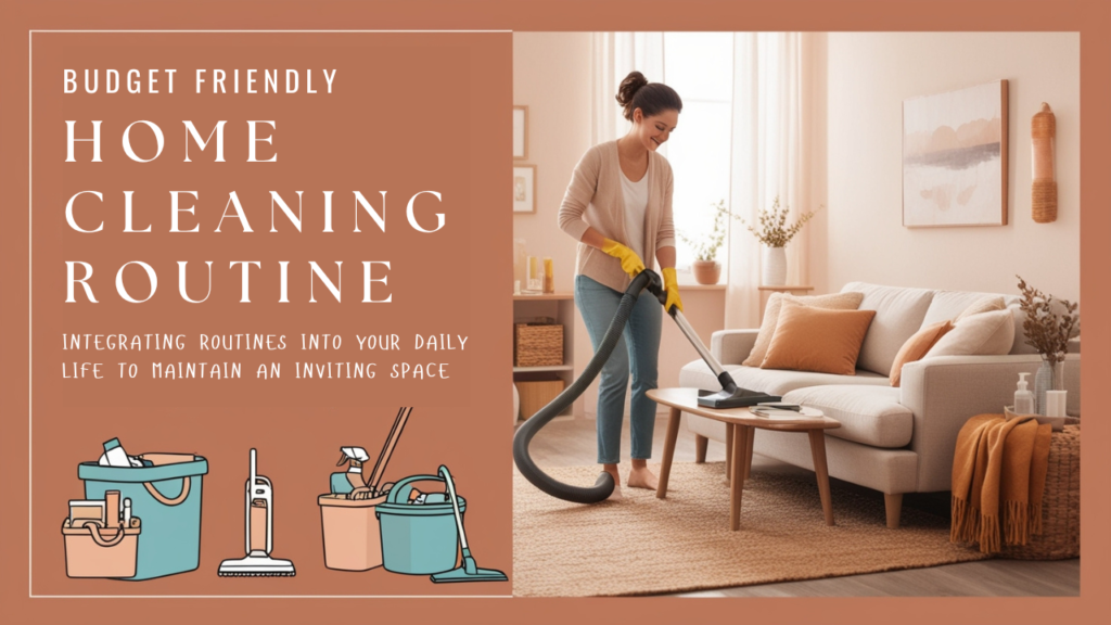 An organized, cozy home with someone tidying up as part of a budget-friendly lifestyle cleaning routine.