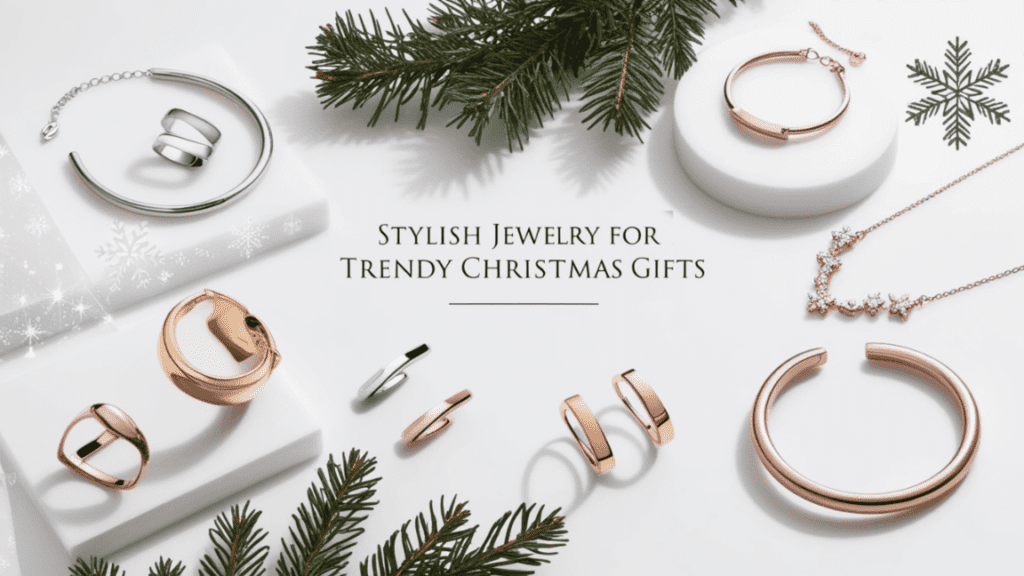 Trendy Christmas gifts for girls: Stylish jewelry including minimalist necklaces, statement earrings, and stackable rings for a fashionable holiday gift.