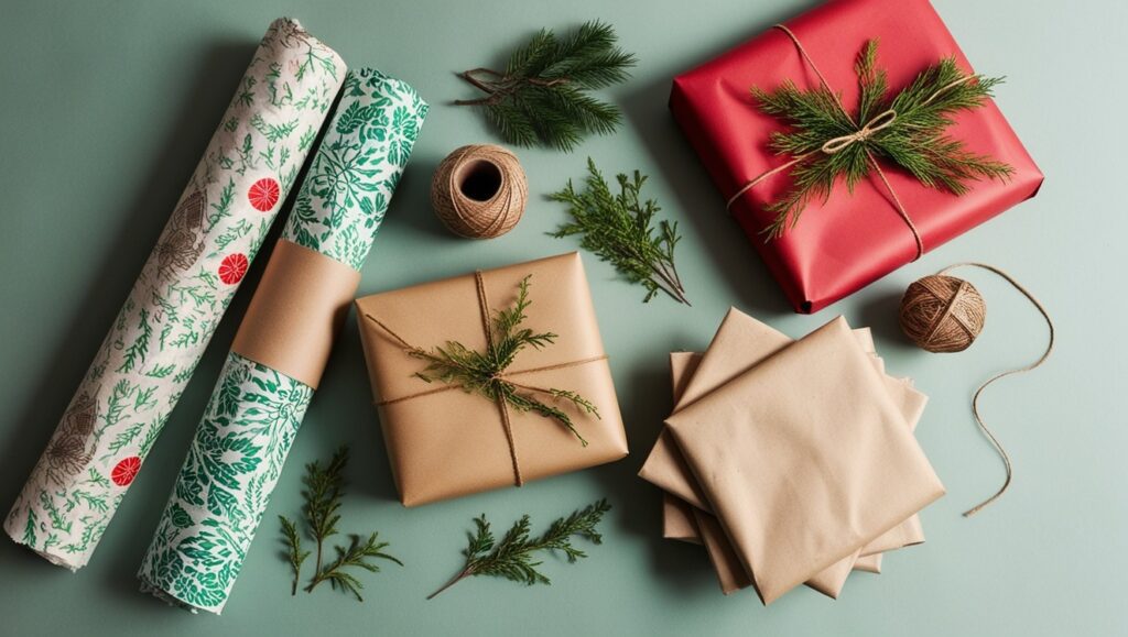 Sustainable gift-wrapping ideas from the Ultimate Guide to Eco-Friendly Christmas Decorations, including fabric wraps, recycled kraft paper, and reusable gift bags.