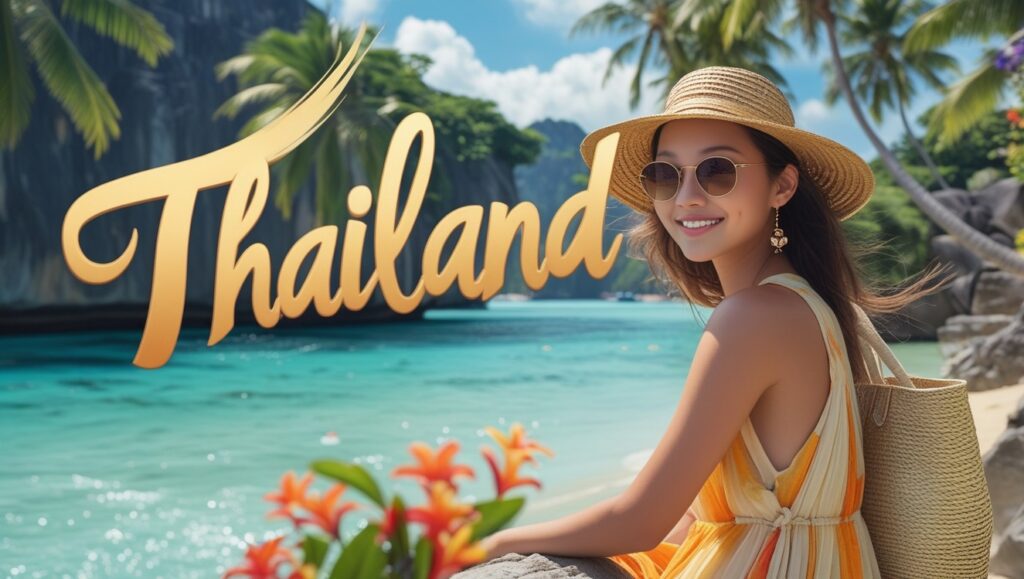 A solo female traveler enjoying the vibrant beaches of Thailand, with turquoise waters and scenic islands like Krabi and Koh Samui in the backdrop.