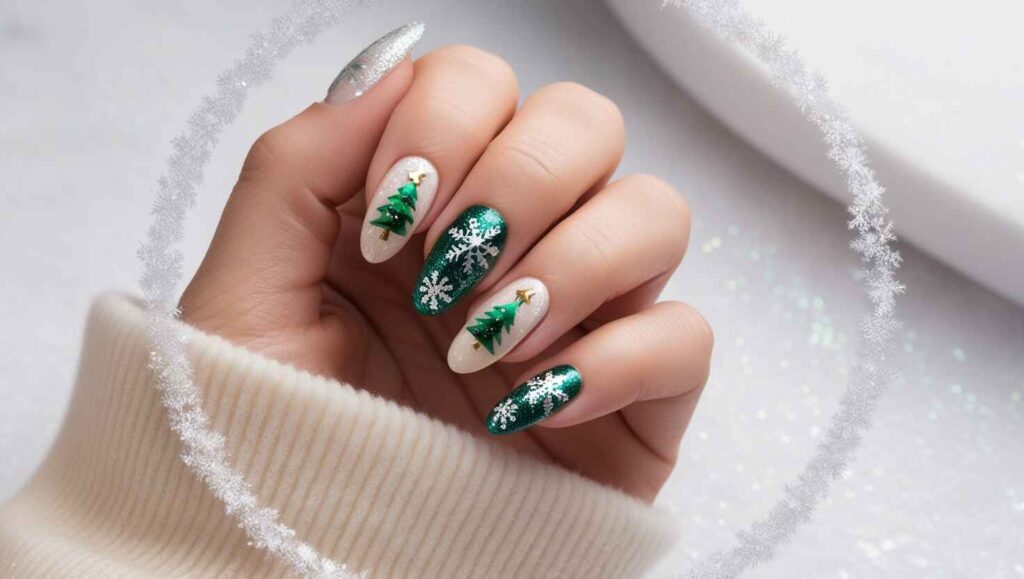 Easy Christmas Nail Art Designs: Glittery Christmas Tree Nail Design