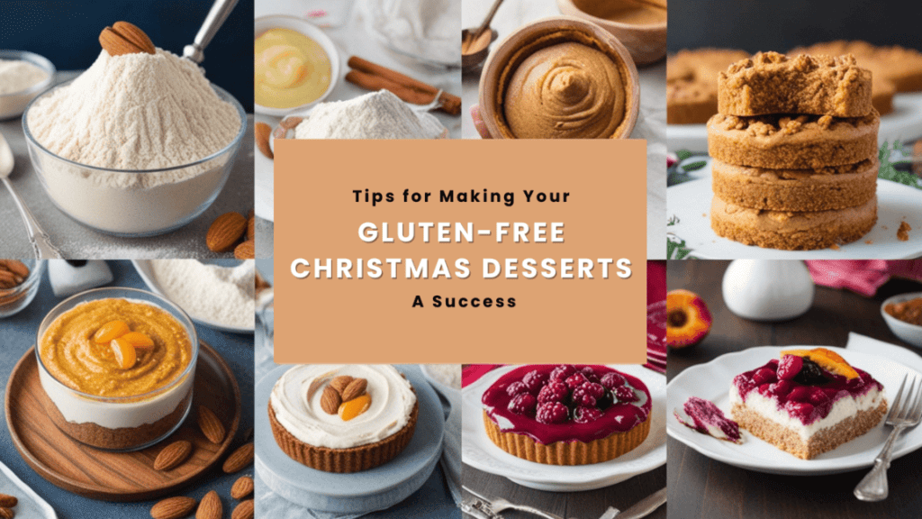 A festive display of easy gluten-free Desserts for Christmas Dinner, including chocolate yule log, cookies, and tarts, beautifully arranged for a holiday dinner table.