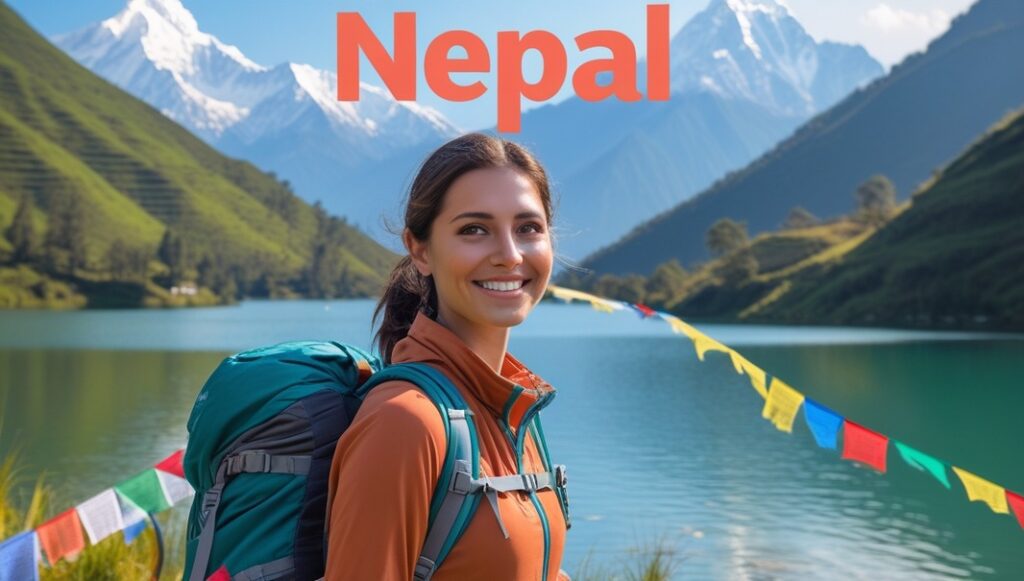 Explore Nepal: A solo female traveler hiking the Annapurna Circuit with stunning Himalayan views.