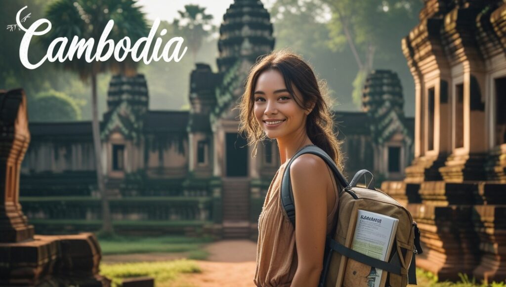 Solo female traveler exploring Angkor Wat, the iconic temple in Cambodia, surrounded by rich history and culture.