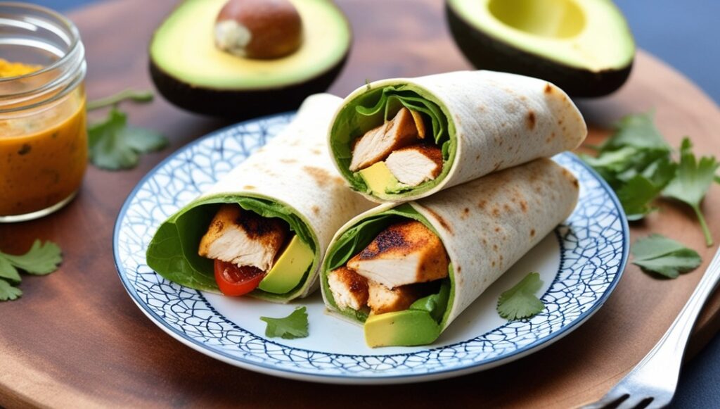 A nutritious chicken and avocado wrap, packed with lean protein and healthy fats, making it a perfect high-protein Suhoor recipe.
