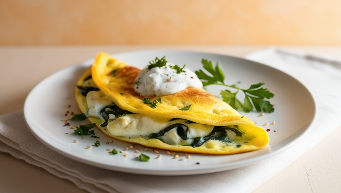 A freshly made spinach and feta omelette served on a plate, garnished with herbs, providing a high-protein suhoor meal for sustained energy during fasting.