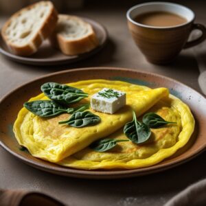 A freshly cooked spinach and feta omelette on a plate, garnished with herbs, providing a high-protein suhoor meal for sustained energy during fasting.