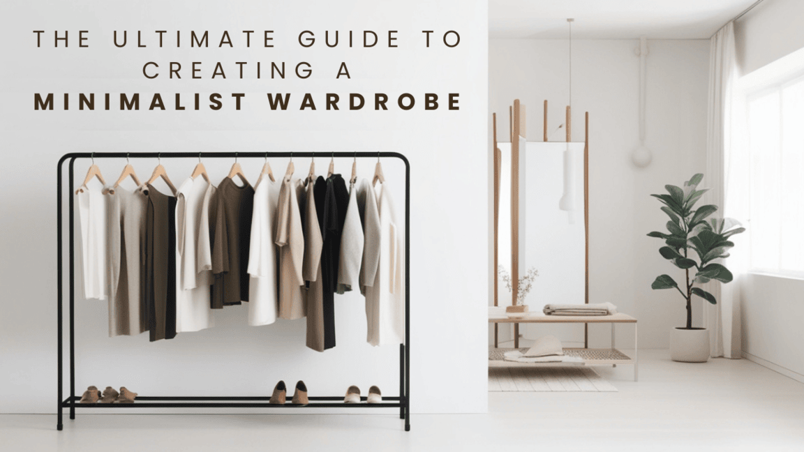 A neatly organized minimalist wardrobe with neutral-toned clothing hanging on a sleek rack.