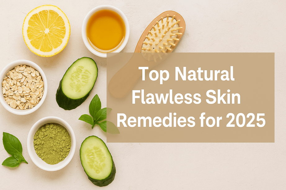A flat-lay image featuring natural skincare ingredients like aloe vera, cucumber, honey, and rose water, representing top natural flawless skin remedies for 2025.