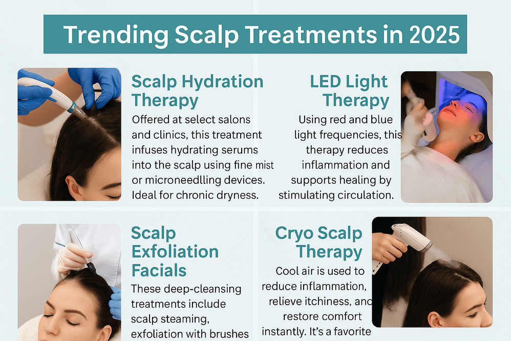 A clean, healthy scalp image with natural ingredients and treatment icons, promoting fast relief solutions for itchy dry scalp in 2025.
